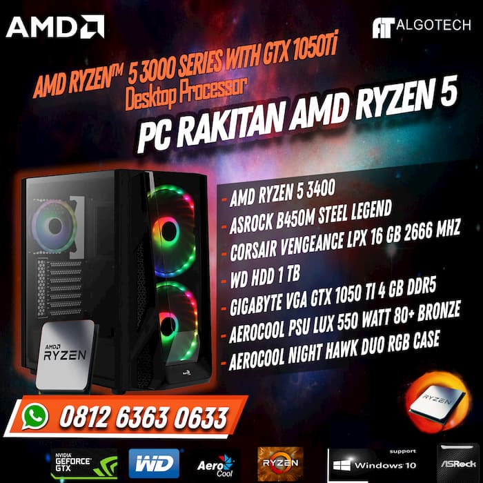beli Paket PC Rakitan Amd Ryzen 5 - VGA GIGABYTE 1050 Ti 4gb